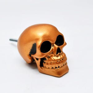 May include: A metallic copper-colored skull-shaped cabinet knob. The skull has black eye sockets and a detailed jawline. The knob is attached to a silver-colored rod.