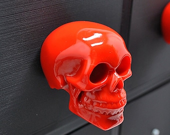Red Resin Skull Drawer Knob - Gothic Cabinet Pull - Made To Order