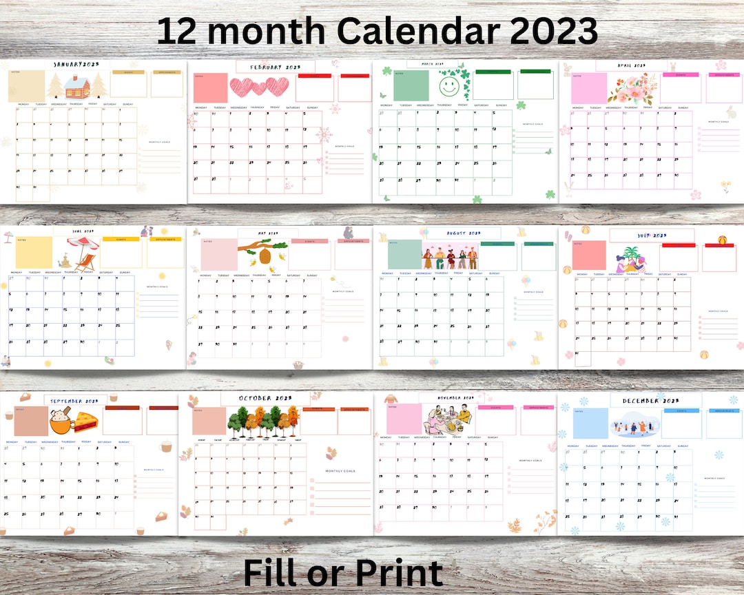  Monthly Calendar 2023 Fillable and Printable Calendar Cute - Etsy Australia Illustration 