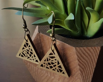 Gold Triangle Dangle Earrings, Wooden Triangle Earrings, Gold Triangle Earrings, Art Deco Wooden Earrings, Gold Triangle Jewelry