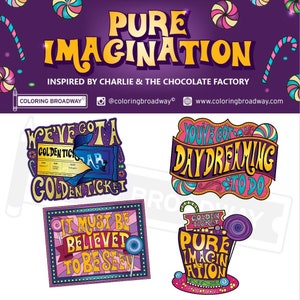 CHARLIE & The CHOCOLATE FACTORY Musical Stickers, Pack of 4, Die Cut Broadway Nerds, Pure Imagination, laptop, Water bottle