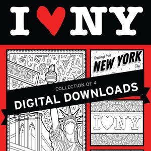 Páginas para colorir imprimíveis I Love NYC | Conjunto de 4 downloads digitais | I Love New York | Presente perfeito para amantes de musicais da Broadway