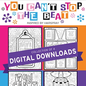 Afdrukbare HAIRSPRAY-kleurplaten | Set van 4 digitale downloads | You can't stop the beat | Perfecte Broadway-muziektheaterliefhebbers