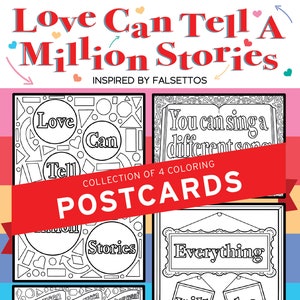 Cartões-postais para colorir de fãs de FALSETTOS | Conjunto de 4 | O amor pode contar milhões de histórias | Quebrando | Presente perfeito para amantes de musicais da Broadway