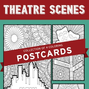 SCÈNES DE THÉÂTRE Cartes postales à colorier | Lot de 4 | Broadway | New York | Cadeau parfait pour les amateurs de comédies musicales de Broadway