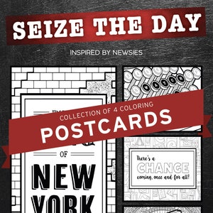 Cartes postales à colorier pour les fans de NEWSIES | Lot de 4 | Bricolage | Roi de New York | Fans | Profitez de l'occasion | Cadeau parfait pour les amateurs de comédies musicales de Broadway