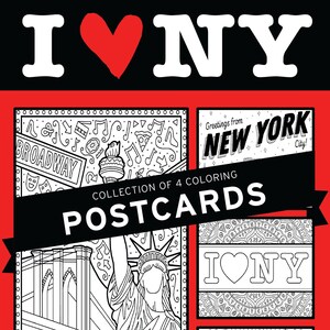 Cartões-postais para colorir I LOVE NYC Fan | Conjunto de 4 | Cidade de Nova York | Estátua da Liberdade | Presente perfeito para amantes de musicais da Broadway