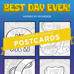 Cartões-postais para colorir de fãs do BOB ESPONJA | Conjunto de 4 | Melhor dia de todos | Esponja simples | Pirata | Pessoas | Presente perfeito para amantes de musicais da Broadway