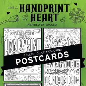 Cartes postales à colorier de fans de WICKED | Lot de 4 | empreinte de main sur mon coeur | Défier la gravité | Voler | Cadeau parfait pour les amateurs de comédies musicales de Broadway