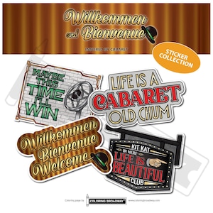 CABARET Musical Stickers, Pack of 4, Die Cut Broadway Nerds, Willkommen & Bienvenue, Kit Kat Club, Life is a Cabaret, laptop, Water bottle