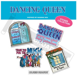 MAMMA MIA Musical Stickers, Pack of 4, Die Cut Broadway Nerds, Dancing Queen, Thank You for the Music, laptop, Water bottle