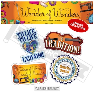 FIDDLER on the ROOF Musical Stickers, Pack of 4, Die Cut Broadway Nerds, Wonder of Wonders, L'chaim laptop, Water bottle