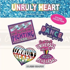THE PROM Musical Stickers, Pack of 4, Die Cut Broadway Theatre Nerds, Unruly Heart, I Just Wanna Dance, laptop, Water bottle