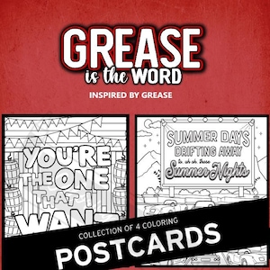 Postales para colorear de Grease Fan / Juego de 4 / Grease es la palabra / Eres a quien quiero / Ideal para amantes de los musicales de Broadway