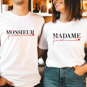 T shirt couple Madame Monsieur personnalisé nom de famille coeur rouge