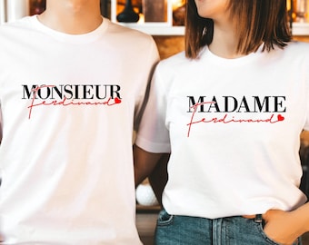 T-shirt couple Madame Monsieur personalized last name red heart