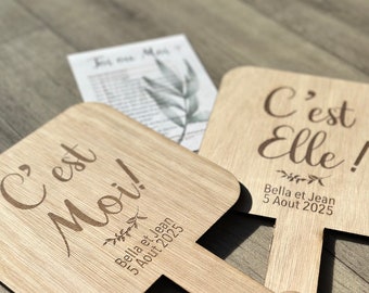 Jeu Mariage "Elle Et Lui" - 2 Pancartes Bois + 10 Cartes Quiz - Animation Amusante Pour Invités - Décoration De Mariage