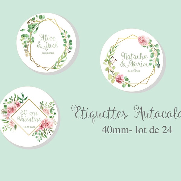 Étiquettes autocollantes 40mm mariage champêtre fleures