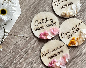 badge / magnet personnalisé fleurs séchées mariage naissance école