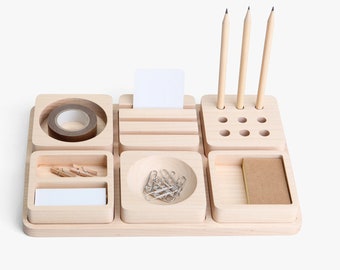 Massief houten bureauorganisator, bureau pennenhouder docking, design bureauorganisator, houten bureauorganisator dienbladset, houten briefpapier (Pen Stand6 lade)