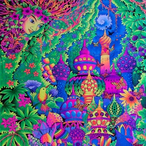 Trippy Wandbild 'Garden of Delight' Psychedelischer Wandbehang, Schwarzlicht-Wandbehang, UV-aktiver Wandbehang, Psytrance Deco