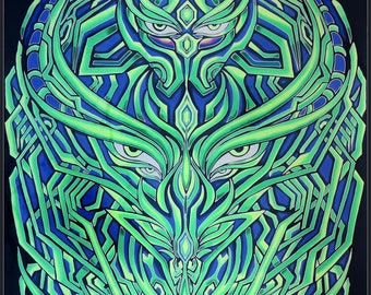 Psychedelic Tapestry 'Cyberdelic Entity'. Giant UV reactive Banner, Hand painted trippy wall art, Psytrance backdrop, Blacklight tapestry