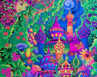 Arte da parete Trippy 'Garden of Delight' Arazzo psichedelico, arazzo Blacklight, appeso a parete Trippy, appeso a parete reattivo ai raggi UV, Psytrance Deco