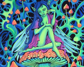 Psychedelischer Wandteppich „PsyAlaska Fairy“, abgefahrener, UV-reaktiver Wandbehang, handbemaltes Batik, 2 m hoch.
