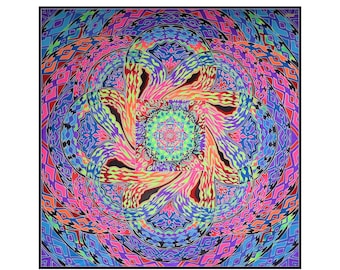 Psychedelic Tapestry, 'Vortex Squared'. Hand painted trippy wall art, UV active rave festival backdrop, banner, bedsheet. LSD DMT Deco