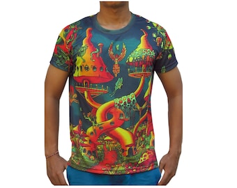 Maglietta psichedelica 'Pixie Party'. UV attivo, maglietta Trippy, maglietta Festival, Psy Trance, abbigliamento Rave, abbigliamento psichedelico, arte visionaria