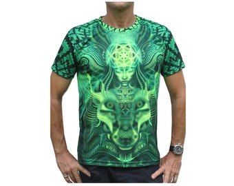 Psychedelic T shirt, 'Lime Foxy Lady' UV active, Trippy T shirt, Festival t shirt, Psy Trance, Rave wear, Psychedelic clothing