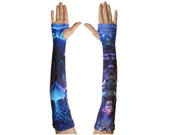 Arm sleeve, Fingerless gloves 'Violet Foxy Lady'. Rave wear, Psychedelic clothing, Goa clothing, Long arm warmers. Psy trance festival.