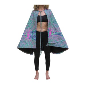 Pixie hood cape &#39;Acid Dragonfly&#39;. UV active cloak with hood. Psychedelic poncho, Space Tribe cape with hood. Burning man costumes, Rave wear