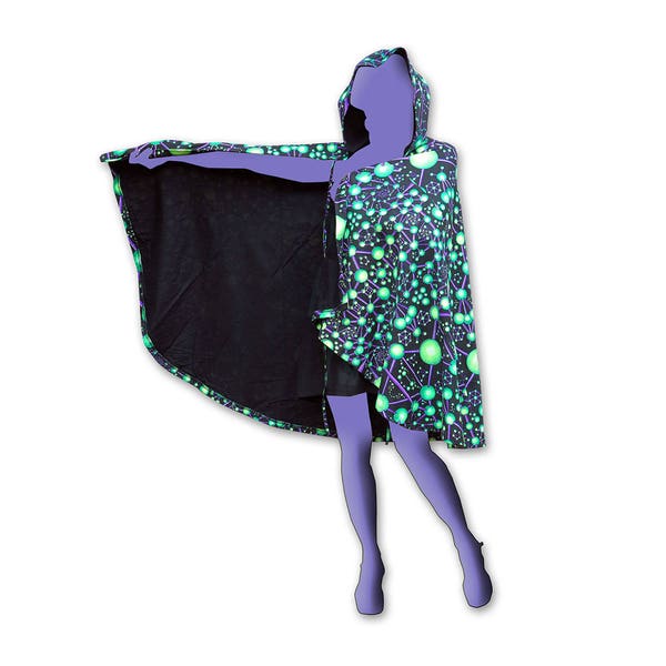 Pixie hood cape 'Atomic Alien'. UV active cloak with hood. Psychedelic poncho, Space Tribe cape with hood. Burning man costumes, Rave wear