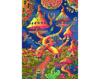 UV-Reaktiver Wandteppich, Trippy Handbemalte Batik, Psychedelischer 'Pixie Party' Wandbehang, 2 m hoch