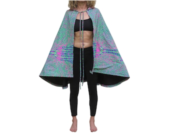 Pixie hood cape 'Acid Dragonfly'. UV active cloak with hood. Psychedelic poncho, Space Tribe cape with hood. Burning man costumes, Rave wear