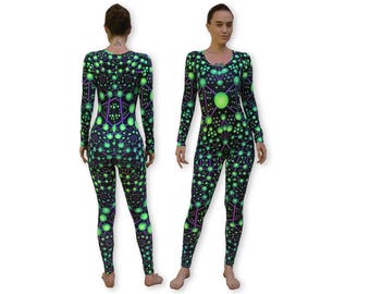 Atomic Alien Long sleeve Catsuit, UV Active Rave Bodysuit, Psychedelic Jumpsuit