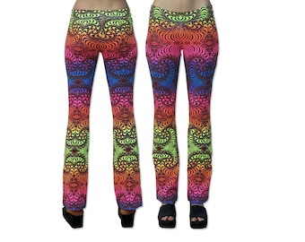 Psychedelic Flares : Rainbow Fractal. Trippy tights, yoga boho leggings. Cotton lycra, UV active, rave leggings, yoga pants printed, Bootcut