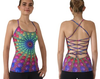 Lace back top 'Spectral Fractum'. Sublime open back top. Psychedelic, trippy, festival clothing, visionary art, girls top, fractal clothing.