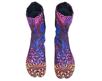 Rainbow Fractal Tabi Boots With Flat, Split-Toe Sole. Japanese Ninja Boots, Jikatabe, Vegan Footwear.