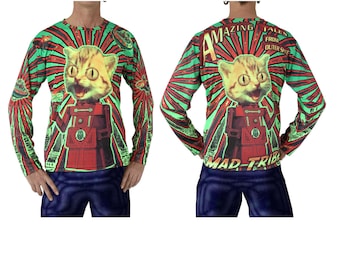 Psychedelic UV Long Sleeve T-shirt 'Amazing Tales'. Sublimation print, Mad Tribe. Trippy, festival, rave, trance, cd art, retro sci-fi, cat