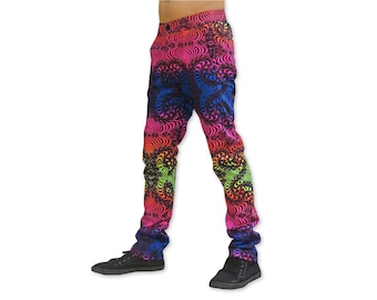 Pantaloni Chill Out "Rainbow Fractal", tute sportive UV attive stampate a mano. Pantaloni psichedelici, pantaloni Trippy Rave / Trance Festival, pile di cotone