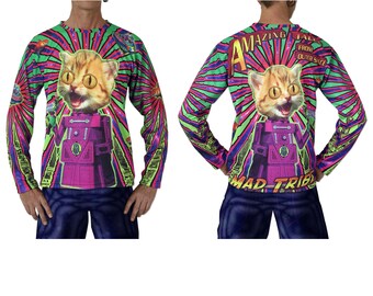 Psychedelic Long Sleeve T-shirt 'Amazing Tales'. Sublimation print, Mad Tribe. Trippy, festival, rave, psy trance, cd art, retro sci-fi, cat