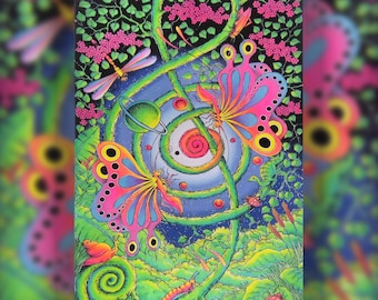 Psychedelic Tapestry, 'Dance of the Butterflies' UV active Wall Hanging, Trippy Wall Art, Psytrance Backdrop, Blacklight Banner, New age