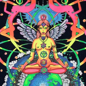 Trippy Wandbild 'Chakra Goddess' Psychedelischer Wandbehang, Trippy Wandbehang, UV reaktiver Wandbehang, Schwarzlicht Banner, Kunst Dekor