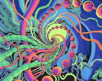 Psychedelischer Wandteppich „Spiral Threads“. Abgefahrener, UV-reaktiver Wandbehang, handbemaltes Batik, 2 m hoch.
