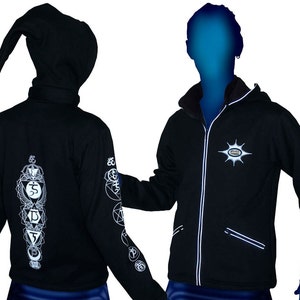 Pixie hood jacket &#39;Glo Chakra&#39;. UV active, Glow in the dark, Trippy hoodie with removable hood. Trance festival hoodie, Psychedelic Hoodie.