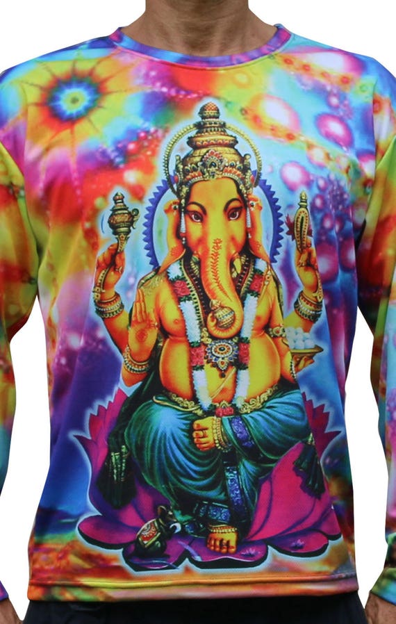 Long sleeve T shirt 'Psy Ganesha'. Psychedelic T, trippy T, UV active rave T, trance festival T shirt, visionary art T. Sublimation print Long sleeve T shirt 'Psy Ganesha'. Psychedelic T, trippy T, UV active rave T, trance festival T shirt, visionary art T. Sublimation print