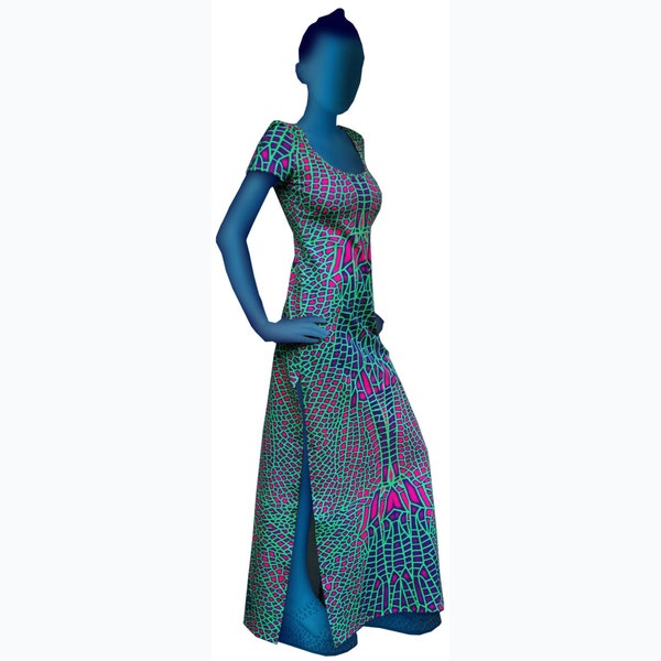 Psychedelic dress  'Acid Dragonfly'. Full length dress, UV active, trippy dress, trance wear, evening wear, long dress, rave festival dress.