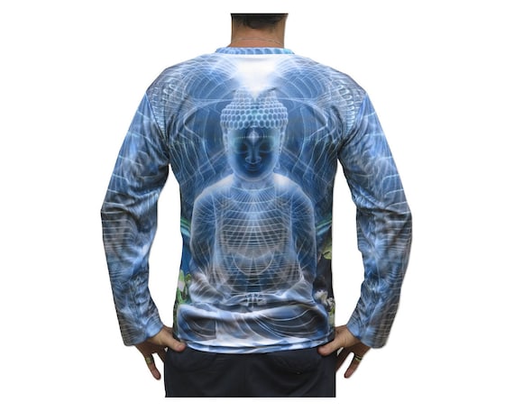 Psychedelic Long Sleeve T shirt 'Ocean Buddha'. Sublimation print. Trippy T shirt, UV active, rave, trancewear, festival wear, visionary art Psychedelic Long Sleeve T shirt 'Ocean Buddha'. Sublimation print. Trippy T shirt, UV active, rave, trancewear, festival wear, visionary art